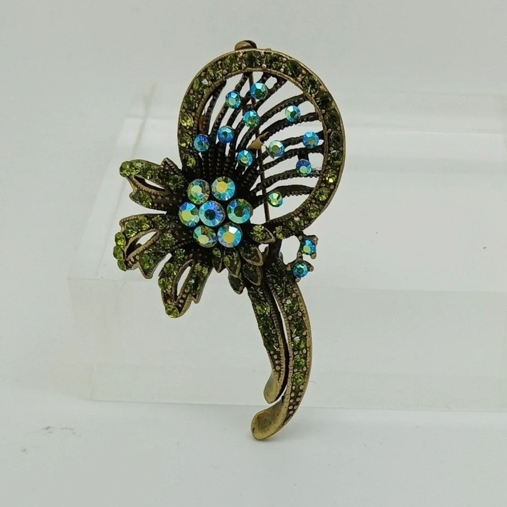 Vintage Green Rhinestone Brooch Pendant Bronze Tone‎ Floral Pin Unisex